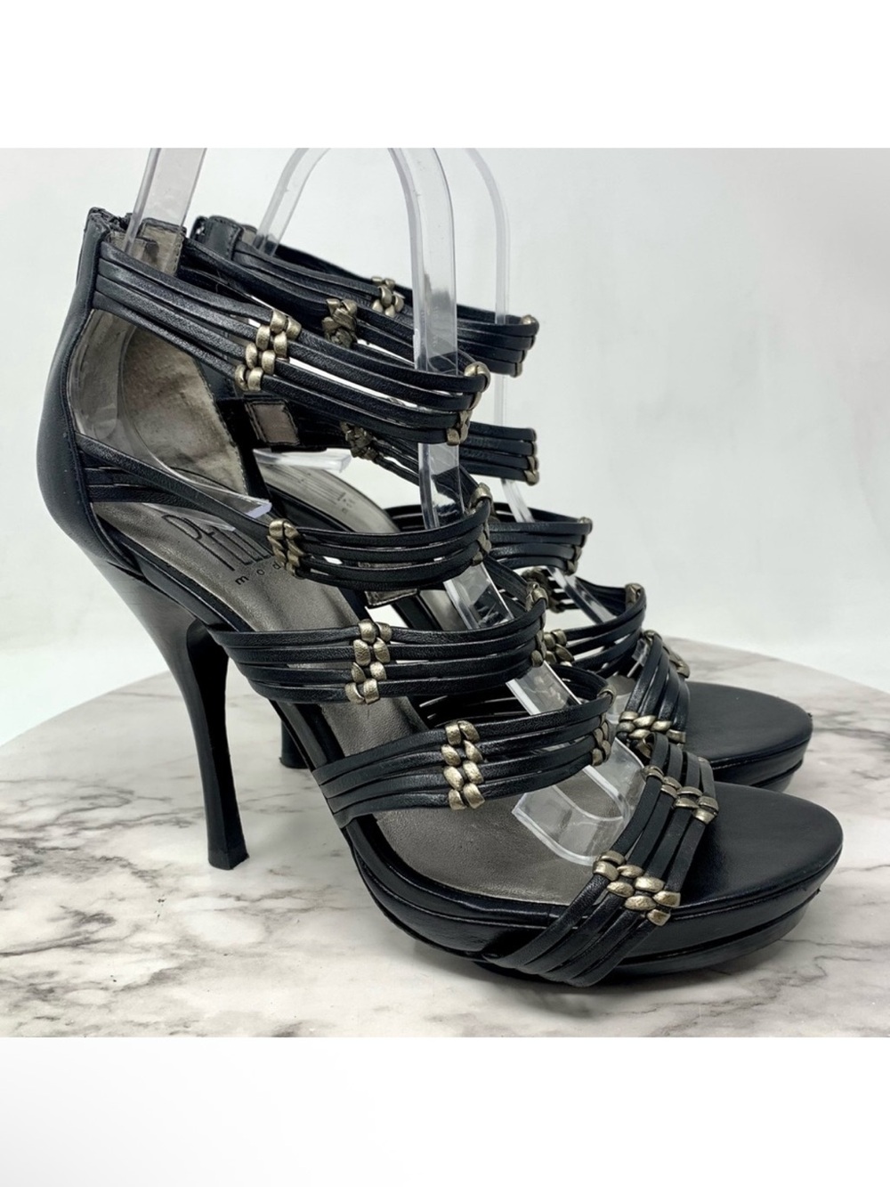 Pelle Moda Multi Strap Black Leather Sandal Pumps 7.5 Edgy Classic Avant Garde